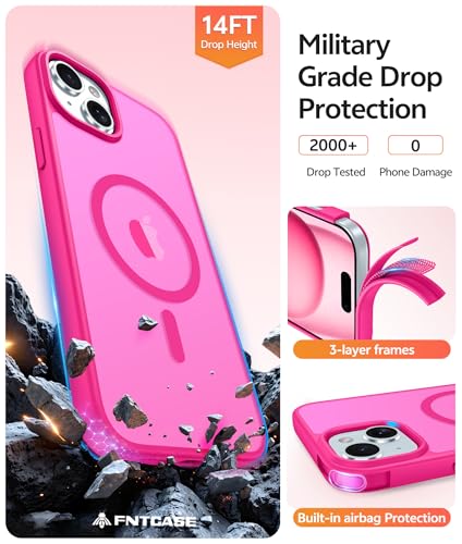 Image of FNTCASE for iPhone 15 Case: for iPhone 14 Case & iPhone 13 Case [Compatible with Magsafe] Translucent Matte Cases with [Screen Protector] Military Grade Shockproof Protective Phone Cover - Hot Pink