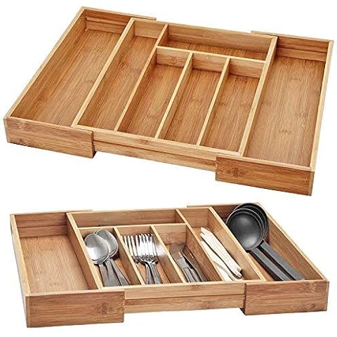 URBN-CHEF Large Extendable Bamboo Cutlery Tray Cover