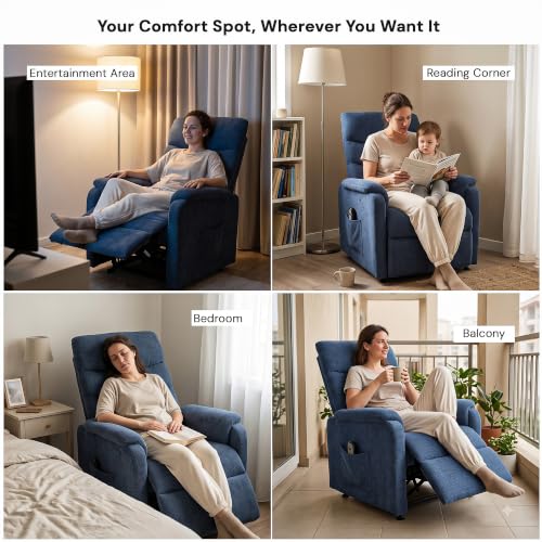 Image of DROGO Serenza Electric Motorised Recliner Sofa Chair 1 Seater for Home with Remote Control, Premium Mesh, Side Pocket, Padded Body, Cushion Armrest & Sturdy Footrest, 1Yr Warranty (Dark Blue)