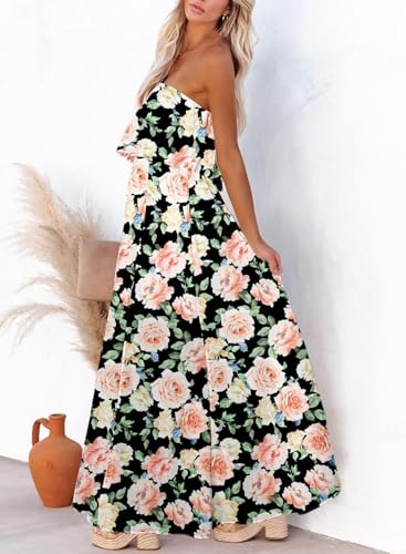 Image of Dokotoo Womens Strapless Dresses Casual Side Split Flowy Boho Maxi Dress | High Waist,Off The Shoulder,Wedding Guest,Bohemian,Beach Vacation Clothes,Floral Print,Sundresses,Casual