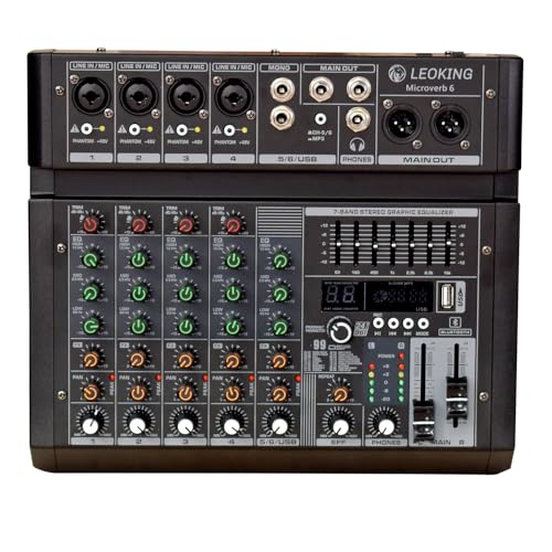 Image of kh 6 Channel Audio Mixer Professional Mixing Console 6 Channels (4 Mono Mic Line + 2 Stereo) 48V Phantom Power Each Channel, Bluetooth USB Player, Digital Multi Effect Reverb 24bit 16dsp 1 Aux Send