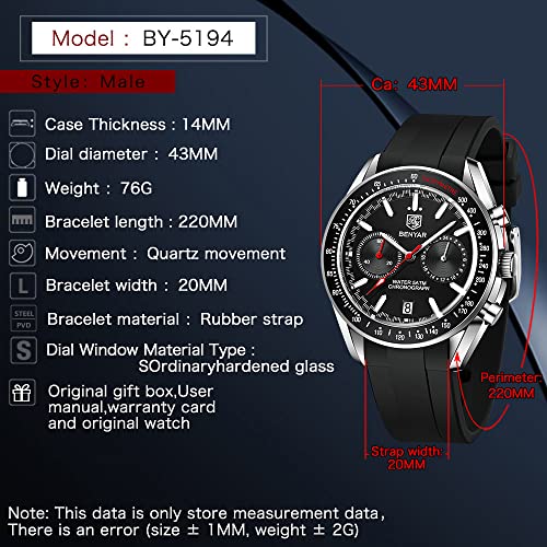Image of BENYAR - Stylish Wrist Watch for Men, Genuine Silicone Strap Watches, Perfect Quartz Movement, Waterproof and Scratch Resistant, Analog Chronograph Quartz Business Watches