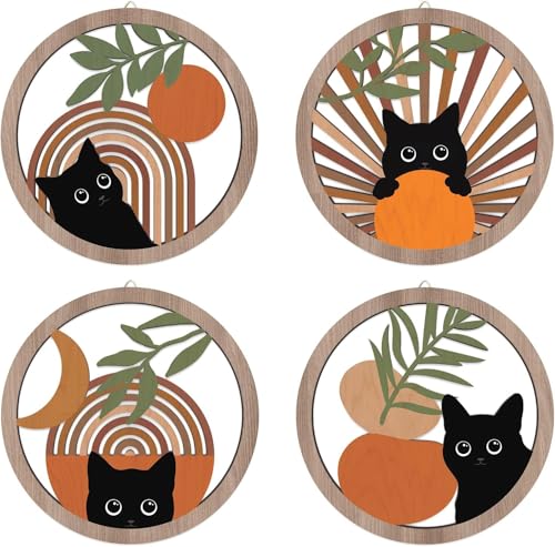 HPNIUB Boho Black Cat Wall Decor, Farmhouse Geometric Hanging Woo...