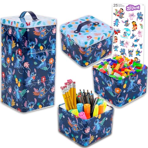 Image of Disney Lilo & Stitch Stack Store And Carry Stackable Tin Box Set - Bundle of Disney 3 Stack Storage Containers and Stickers | Stitch Canisters for Storage