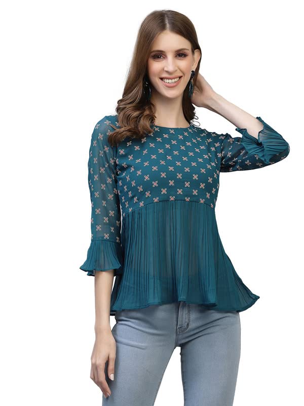 Image of Selvia Women's Georgette Round Neck Fit & Flare Top