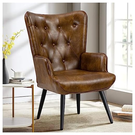 Furniliving PU Leather Accent Chair for Living Room, Upholstered Reading Chair with High Backrest, Tufted-Button Wingback Armchair for Bedroom, Dressing Room, Home Office, Brown