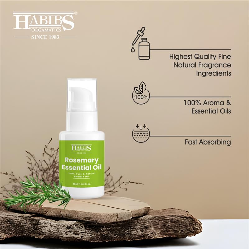 Image of Habibs Pure Rosemary Essential Oil - 100% Undiluted, Therapeutic Grade for Hair Growth, Focus & Aromatherapy 30ML