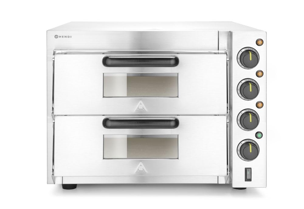 HENDI Horno profesional de dos pisos para pizzas, horno eléctrico, para pizzas hasta diámetro 39cm, 50˚C~350˚C, 230V, 3000W, 580x560x(H)435mm, plateado, cuerpo de acero inoxidable AISI 430