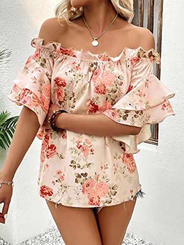 SOLY HUX Women's Floral Print Blouse Off Shoulder Ruffle Trim Half Sleeve Summer Tops4