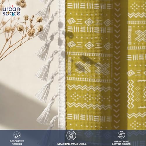 Image of Urban Space Boho Decorative Curtain for Window, 100% Cotton Curtain 5 Feet Long, 1 piece Curtain with Tassels, 60-65% Room Darkening with Tieback and Eyelets (Zahara Mustard Yellow, 5 Feet)
