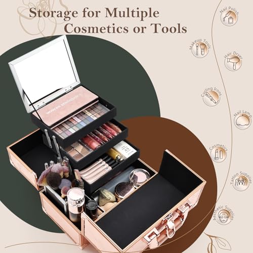 frenessa makeup case 118 inch makeup organizer case large cosmetic box with mirror portable 3 trays travel storage box for make up nail tech kits cosmetology case 3d rose gold floral