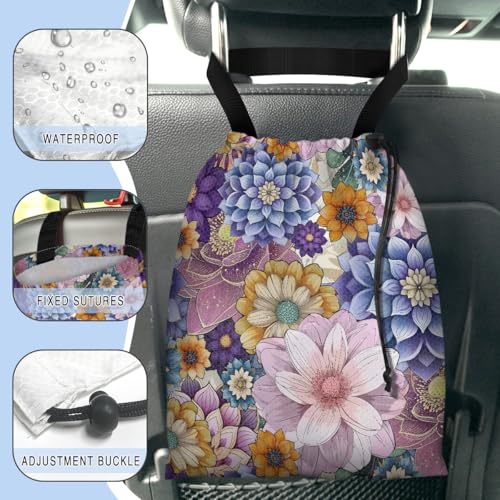Image of Car Trash Bag Hanging Back of Seat Waterproof Small Cute Printed One-Handed Strap Drawstring Garbage Bags for Car-Purple Boho Floral