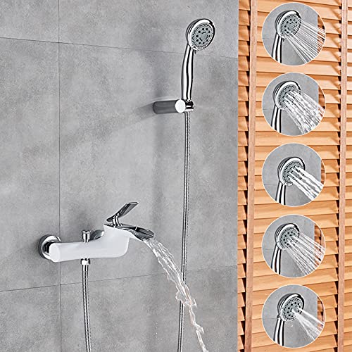 Mitigeur bain douche cascade blanc chromé avec douchette à main 3 jets