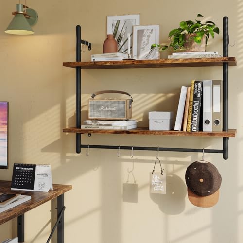 Bestier Industrial Pipe Wall Shelf, 80cm Floating Shelves with Towel Bar and Hooks, Rustic Wall-Mounted Storage Rack for Kitchen, Bathroom, Coffee Bar or Living Room (Rustic Brown) - Image 4