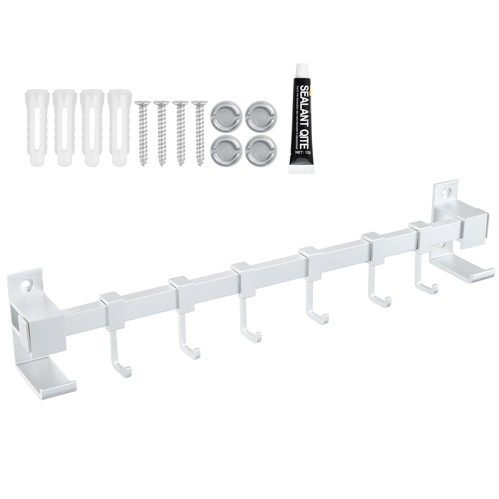 Colgador Utensilios Cocina 40cm Que cuelga el Estante Barra Colgador Soporte de la Pared Barra Colgante de cocina sin Necesidad de Taladrar Aluminio Barra Utensilios Cocina con 6 Ganchos (Plata)
