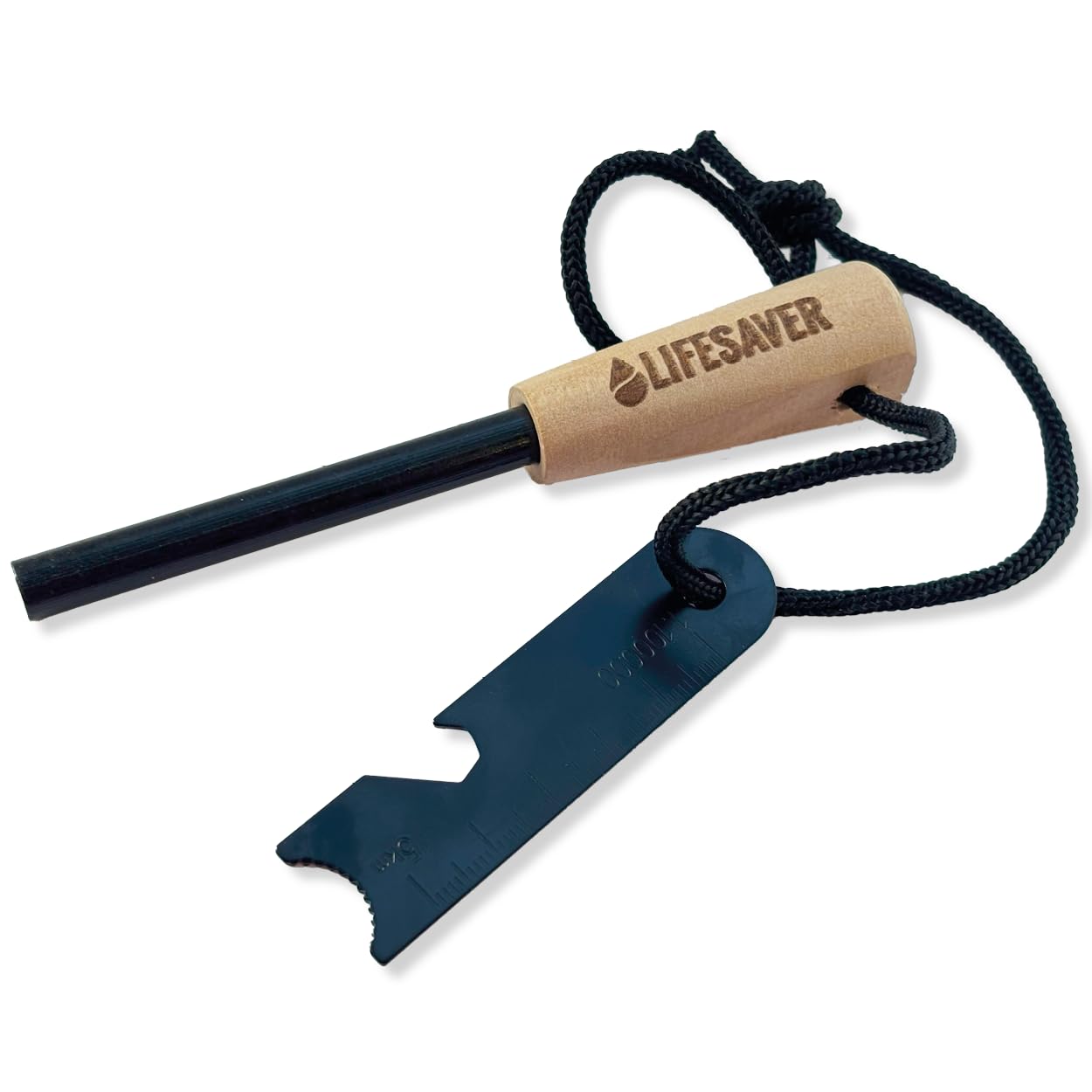 LifeSaver Fire Starter - Premium Magnesium Ferrocium Rod Fire Steel with Wooden Handle, Flint and Steel Survival Kit, Over 15,000 Strikes, Built-in Bottle Opener, Camping, Hiking, Prepping