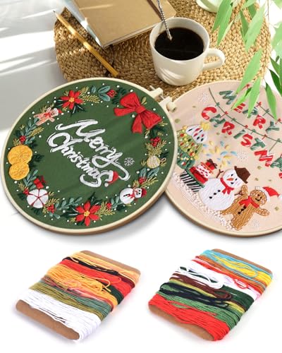 Image of TINDTOP Christmas Embroidery Kit for Adult, Embroidery Kit for Beginners | Include Embroidery Cloth Hoops Threads for Craft Lover Hand Stitch with Embroidery Skill Techniques