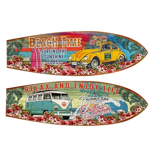 Générique Set de 2 Planches de Surf Décoratives Murales en Bois, 75 cm, Motif Van Vintage et Plage, Style Rétro