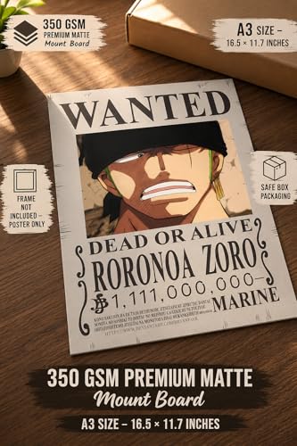 Image of Bond Verse Zoro Wanted Poster A3 size (29.7 x 42 cm) Size Wall Poster | Anime Inspired Vintage Bounty Design | 350 GSM Premium Matte Mount Board | Room Decor Poster for Bedroom, Gaming Setup & Office | Unframed