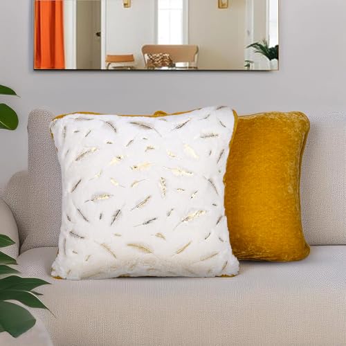 Image of Pack of 1 Feathers 16x16 Inch Reversible Faux Fur Cushion Cover Fluffy Throw Pillow Upholstery Decorative Cushion Pillowcase for Home Bedroom Sofa Gift | 40 x 40 cm