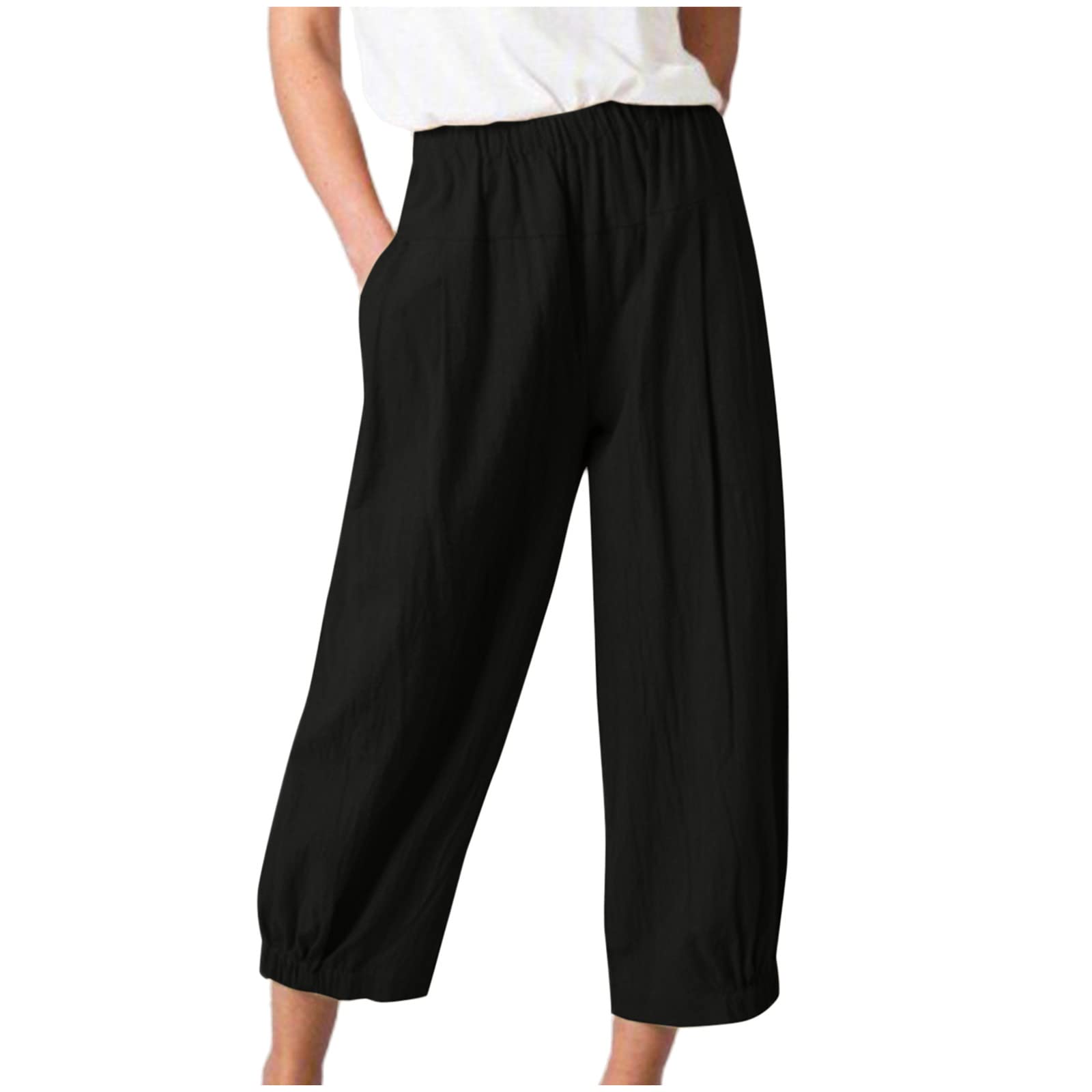 ZDRZKLinen Pants for Women Summer Plus Size Casual 2023 High Waist Capri Pants Loose Wide Leg Cropped Trousers with Pockets