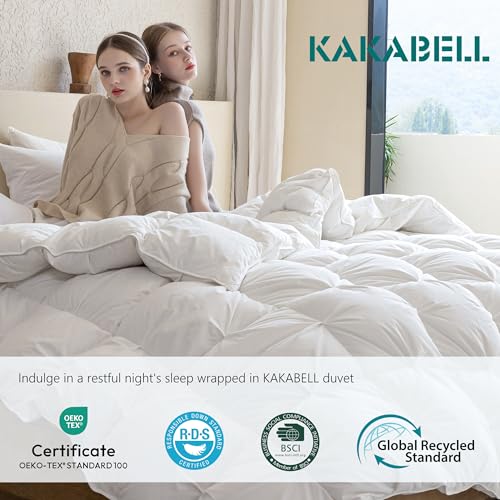 Image of KAKABELL Pinch Pleat Goose Down Feathers Fiber Comforter King Size All Season-Ultra Soft and Cozy Noiseless Duvet Insert with Egyptian Cotton Blend Cover,Fluffy Warm Comforter Insert(White,90 inchX106 inch)