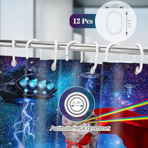 Image of Aimego Extra Long Shower Curtain - Funny Cute Cool Cat on Fantasy Outer Space Galaxy Universe UFO Fabric Cloth Shower Curtain Set with 12 Hooks Bathroom Decor Accessories Bathtub Curtain, 72 inchx84 inch