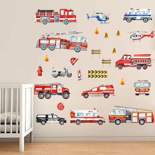 Sticker mural motif camion de pompier - Décoration murale pour chambre de bébé garçon - Véhicules de dessin animé - Décoration murale pour chambre à...
