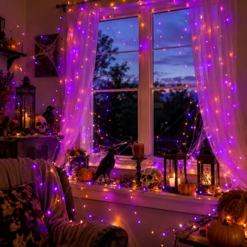 3 Pack Halloween Lights Total 30 Ft 90 LED Orange and Purple Lights Timer - image 4
