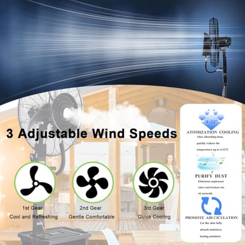 Ventilador oscilante industrial con 3 velocidades, soporte y nebulizador para garaje, jardín, gimnasio o uso en interiores, 750 mm