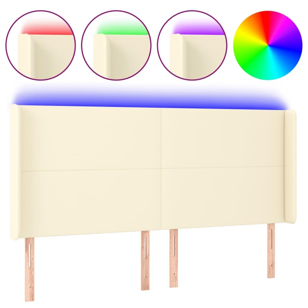 Cabecero de cama LED, color crema, 163 x 16 x 118/128 cm, altura regulable, piel sintética, espuma, luces coloridas, para jóvenes y adultos