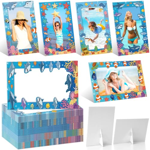Image of AmazingSpark 50 Pack Ocean Theme Picture Frames 4x6, Under the Sea Paper Photo Frames Bulk, Beach Nautical Frame Decorations for Party, Table Centerpieces, Photo Booth Props & Home Decor