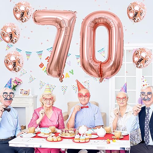 Image of 70th Birthday Number Balloons for Women, Large 70 Number Balloons Foil with Confetti Balloons, Rose Gold 40 Inch Self Inflating Balloons for Girls 7th Birthday Party Anniversary Decorations Supplies