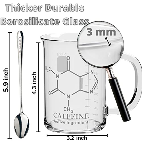 Caffeine Beaker Mug 17 oz (500ml) with Metal Spoon - Chemistry Mug - Borosilicate Glass Coffee Mugs with Handle and Measuring for Coffee/Latte/Tea - Caffeine Molecule Cup - Science Coffee Mug - Image 3