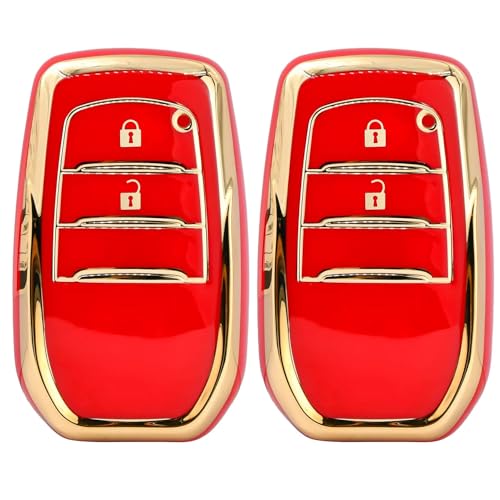 Image of KMH TPU Gold Car Smart Key Cover Compatible for Toyota Innova Crysta 2 Push Button Smart Flip Key Shell Case Holder, Full Key Protection (Red Gold) Pack of 2