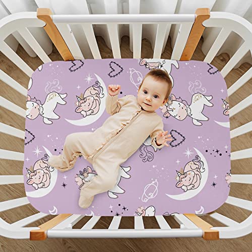 Image of Fitted Crib Sheets Purple Cute Unicorn Stretchy Portable Playard Sheets for Baby Toddler, Breathable Soft Mini Crib Mattress 52 x 28 in for Boys and Girls