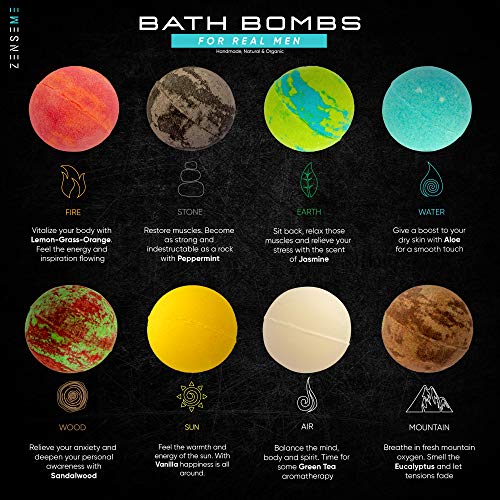Bath-Bombs-for-Men-Gift-Set-of-8-Scented-Organic-Handmade-Bath-Bombs-of-25-oz-with-Natural-Essential-Oils-Perfect-for-Boyfriend-Husband-Father-or-Friend-by-ZenseMe