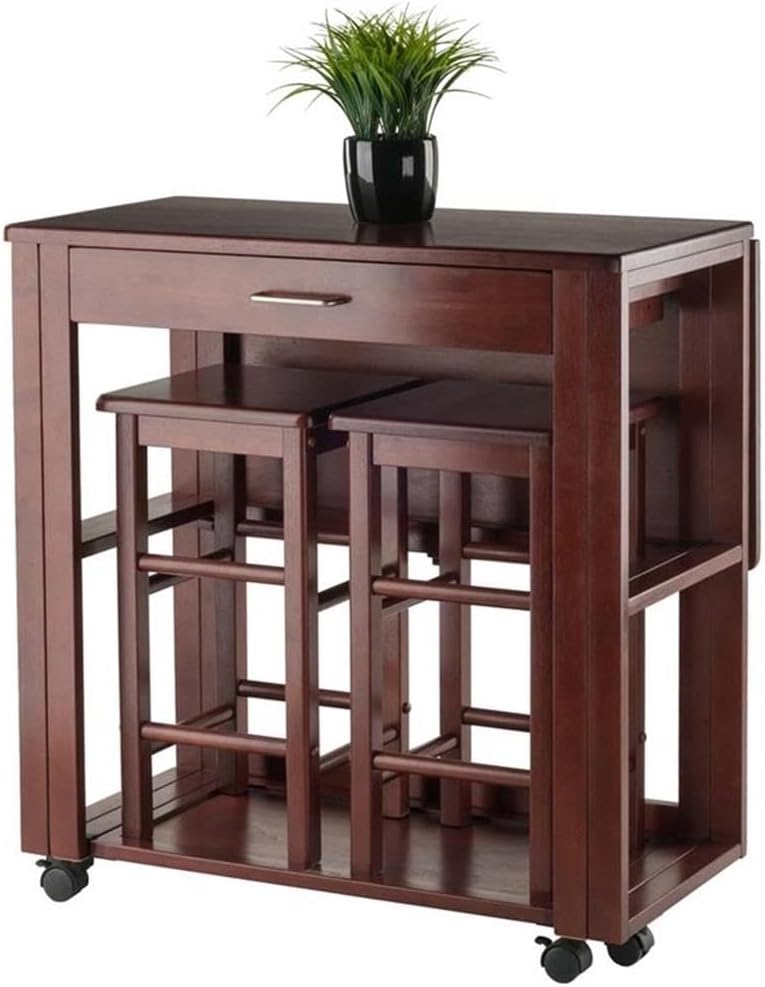 Pemberly Row 3-Piece Solid Wood Drop Leaf Dining Set, Walnut Finish, 31.73" H x 30.63" W x 31.57" D, Compact Space-Saving Design, Rolling Casters, Transitional Style for Kitchen or Breakfast Nook Use