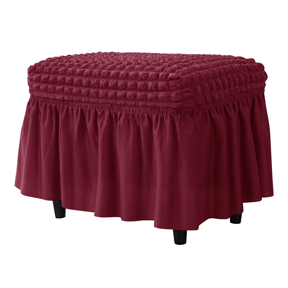 XMNTG Stretch Burgundy Seersucker Ottoman Slipcover Rectangular Super Fit Footstool Cover with Skirt Washable Folding Footrest Covers Furniture Protector for Living Room Kid Pet (Burgundy)