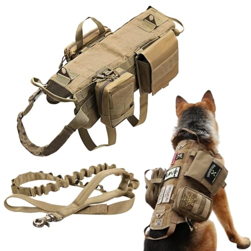 Tactical Dog Vest Harness Heavy Duty Dog Harness with 3 MOLLE Bags&1 Bungee Leash