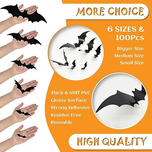 Bats Halloween Decorations, 100Pcs 3D Bats Wall Decor, 6 Sizes PVC Bat Stickers Halloween Party Supplies for DIY Home Window Wall Decals Indoor Room Bathroom Door Decor with Double-Sided Foam Tape - Thumbnail 3