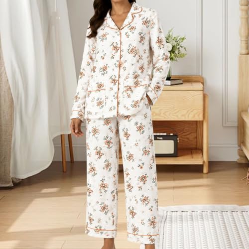 KSADZAIE Women's Cotton Pajama Set Japanese Floral Button Down Top - image 2