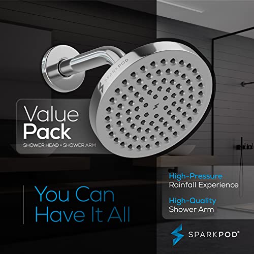 Sparkpod 6" Rain Shower Head With 6" Shower Arm - High Pressure Rain - Luxury Modern Look - No Hassle Tool-Less 1-Min Installation (Luxury Polished Chrome) #TOP2