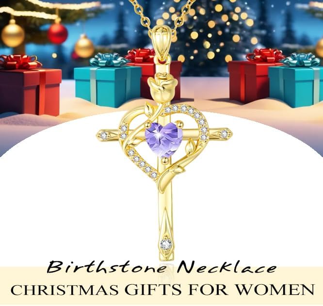 Cross Necklace for Women Gold 14K 18K Gold Plated Dainty Heart Birthstone Rose Necklaces Everyday Jewelry Baptism Faith Anniversary Christmas Birthday Gifts for Wife Mom - Image 4
