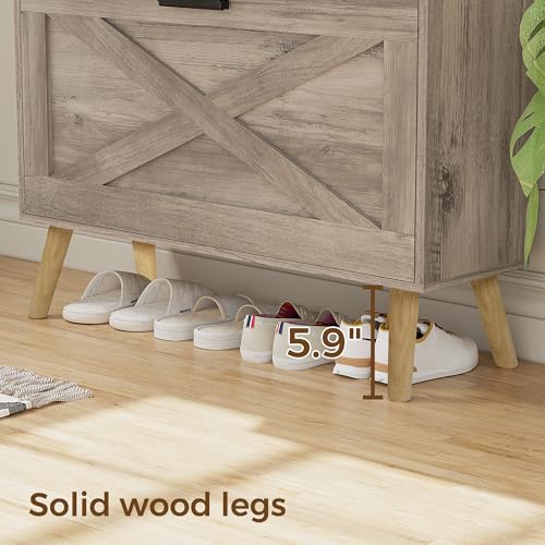 Image of Homleke Farmhouse Shoe Storage Cabinet with Flip Drawers & Barn Door Design | Slim Narrow Shoe Rack Cabinet with Adjustable Shelves & Hidden Storage for Entryway, Foyer, Hallway, Living Room, Greige