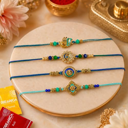Image of Dreamica Set of 4 Designer Rakhi for Brother | Combo with 'My Brother is Awesome' Fridge Magnet, Tilak Set (Roli-Chawal), and Greeting Card | Best Rakhi Gift for Brother (Rakhi-91)
