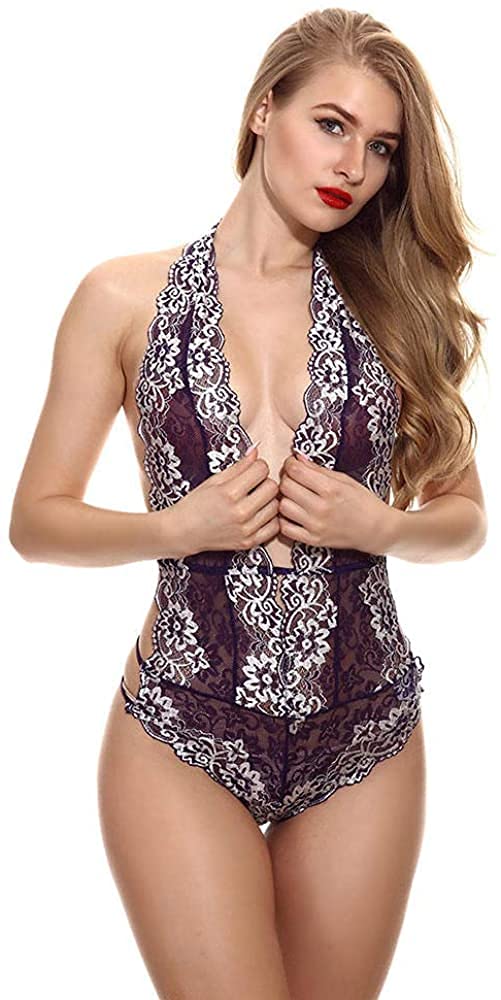 Lingerie Femme Bustiers Femme Sexy ; Corsets Femmes One Piece Lingerie Dentelle Floral Body Sheer Sexy Lingerie75 (Couleur: Rouge, Taille: 2X-Large) (Violet 2X)