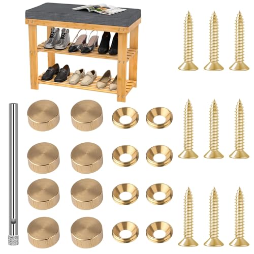 Nouiseuns 8PCS Decorative Screws Brass Screws Screw Caps – Solid Brass Fast Cap Set with Washers & Screws for Furniture, Cabinets, Upholstery & Decor Projects