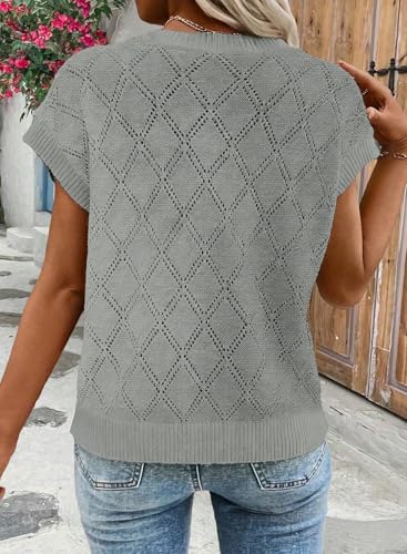 Image of SHEWIN Womens Tops Crewneck Cable Knit Short Sleeve Sweater Loose Lightweight Blouses Dressy Casual Pullover Sweaters Top