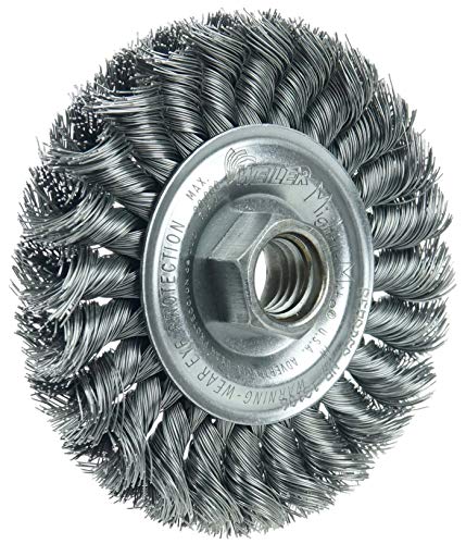 Image of Weiler 13106V 4 inch Standard Twist Knot Wire Wheel, .014 inch Steel Fill, 5 /8 inch-11 UNC Nut, Vending Ready, Made in the USA, (Pack of 5)
